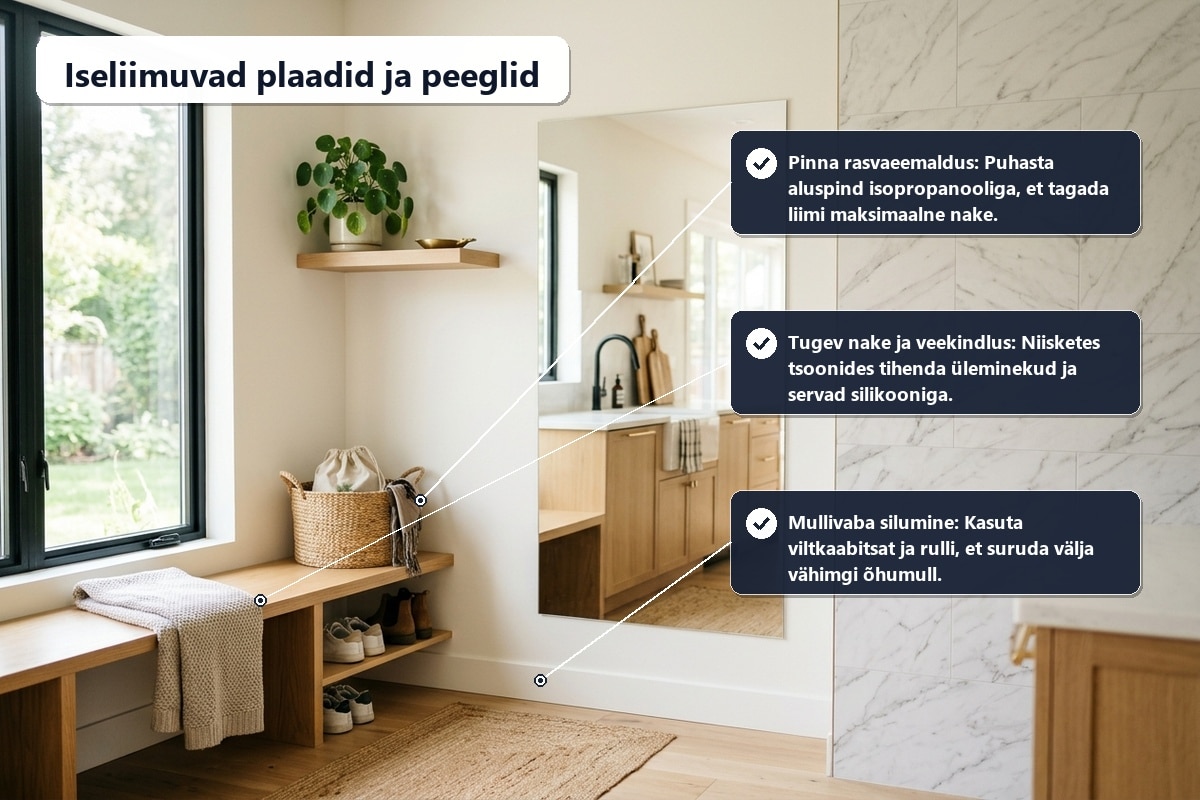 Iseliimuvad seinaplaadid ja kleebitavad peeglid | E-pood Tootemaailm Kaasaegne köögi ja esiku interjöör iseliimuvate seinaplaatide ja kleebitava peegliga