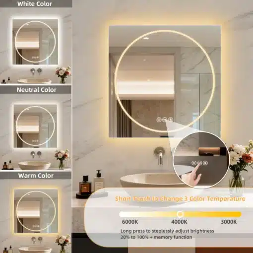 LED-valgustuse ja uduvastase funktsiooniga vannitoapeegel 70 × 70 cm | E-pood Tootemaailm LED-valgustuse ja uduvastase funktsiooniga vannitoapeegel 70 × 70 cm