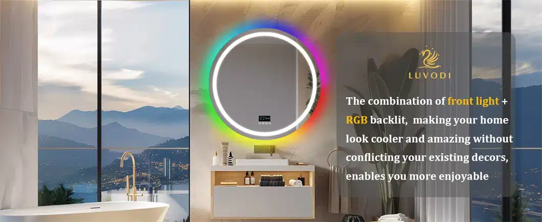 Ümmargune vannitoapeegel valge LED-valgusrõnga ja mitmevärvilise RGB-taustvalgustusega valamu kohal