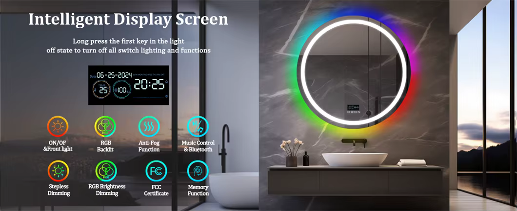 Ümmargune LED-vannitoapeegel RGB-taustvalguse, digiekraani, uduvastase funktsiooni ja Bluetooth-muusikajuhtimisega