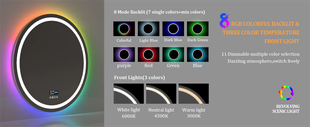 Ovaalne LED-peegel RGB-taustvalgustuse, kolme valgustooni ja puutenuppudega