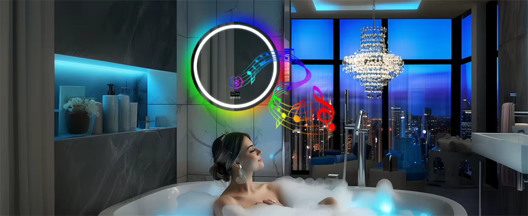Ümmargune LED-valgustusega peegel värvilise taustavalgusega modernses vannitoas vanni kohal