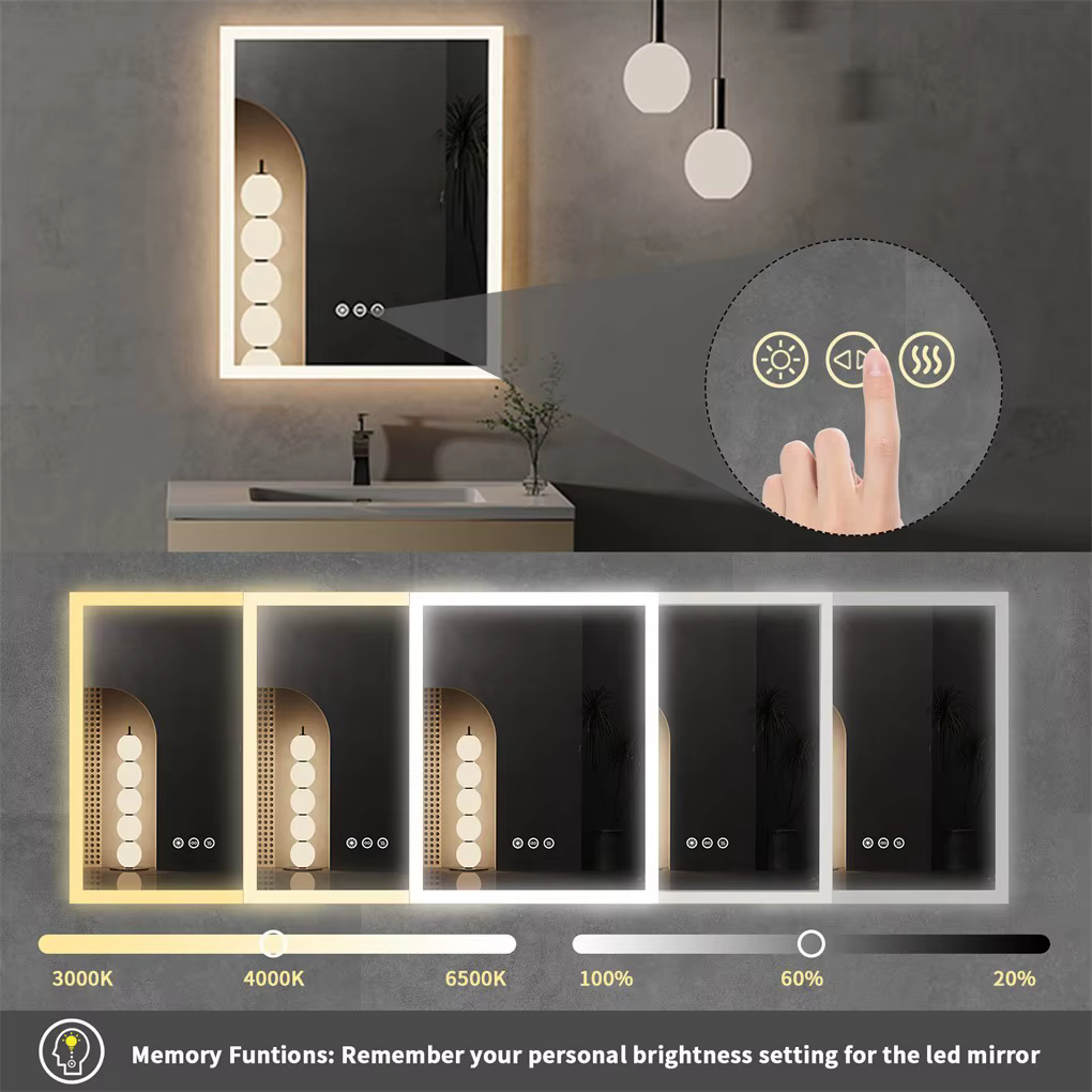 LED-valgustusega vannitoapeegel puutenuppude, reguleeritava heleduse ja 3000–6500 K valgusega