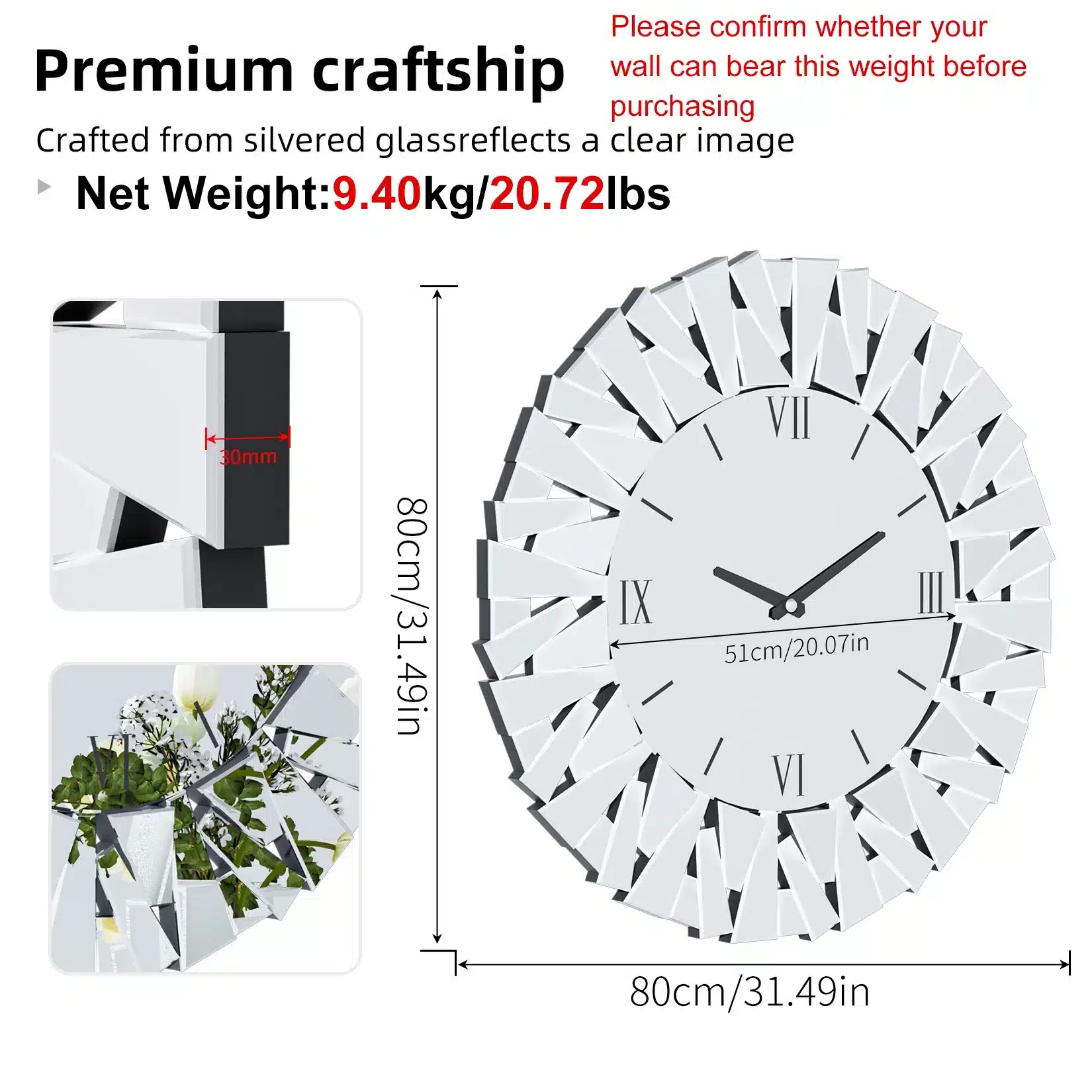 80 cm peegelklaasist seinakell Rooma numbrite, mustade osutite ja geomeetrilise peegelraamiga; kaal 9,4 kg.