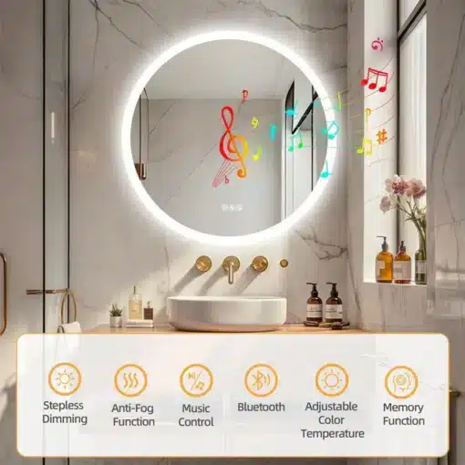 Ümmargune bluetoothi ja LED-valgustusega vannitoapeegel | E-pood Tootemaailm Ümmargune bluetoothi ja LED-valgustusega vannitoapeegel