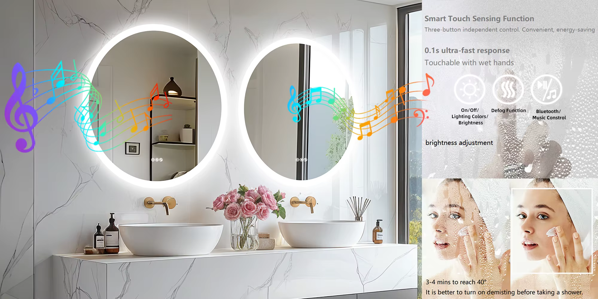 Ümmargused LED-vannitoapeeglid puutejuhtimise, uduvastase funktsiooni ja Bluetooth-muusikajuhtimisega kahe valamu kohal