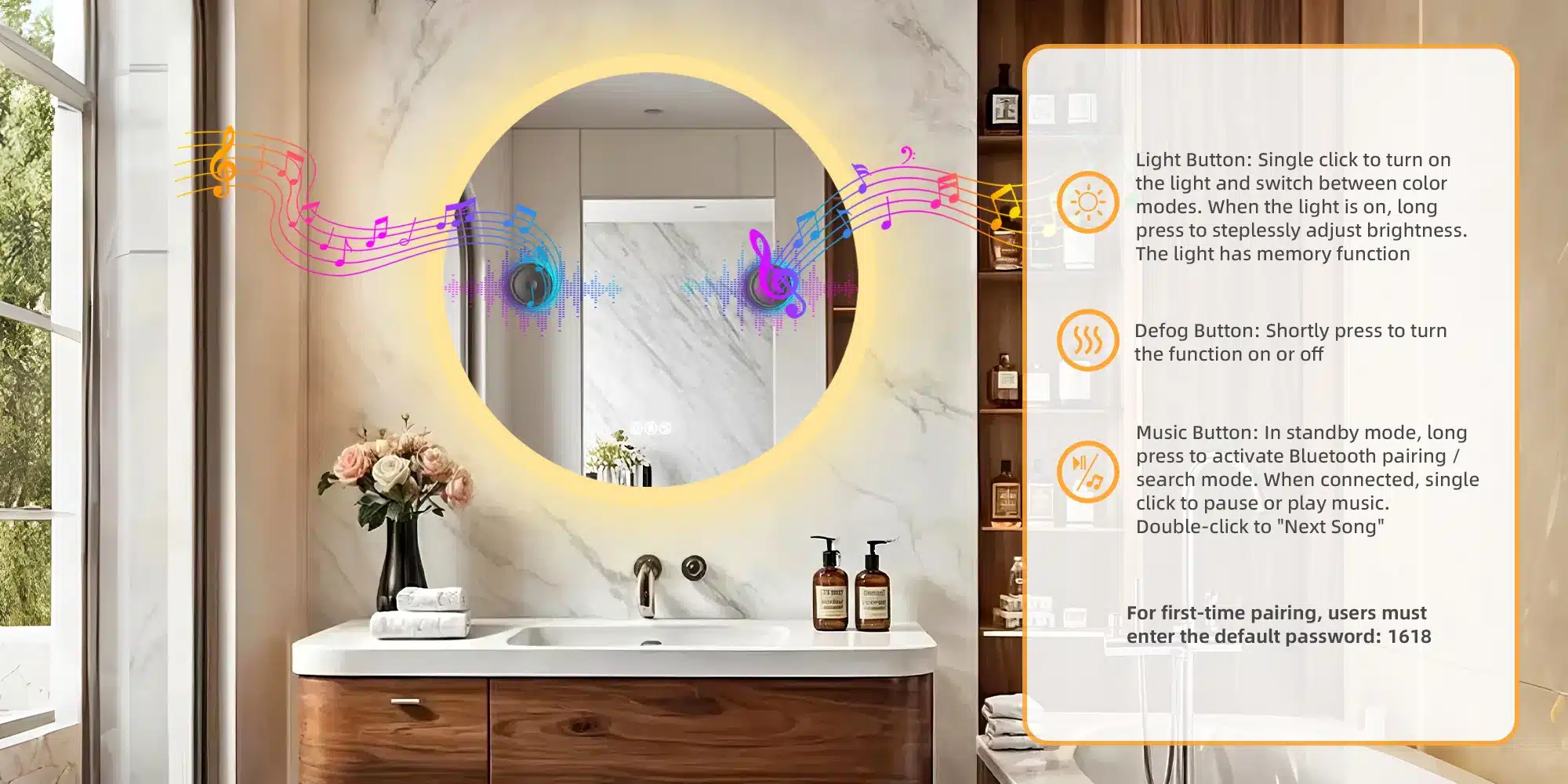 Ümmargune LED-valgustusega vannitoapeegel Bluetooth-muusikafunktsiooni ja uduvastase funktsiooniga