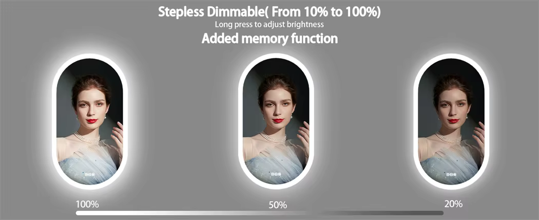 Ovaalne LED-valgustusega peegel mälufunktsiooniga, näidatud 100%, 50% ja 20% heledusel.