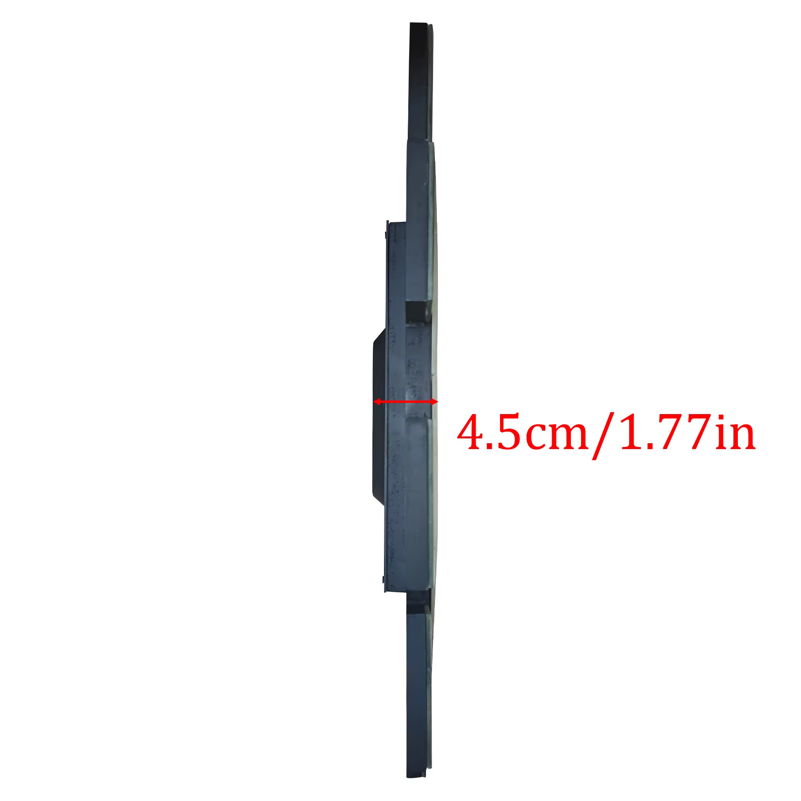 Musta korpusega toote külgvaade, millel on märgitud paksus 4,5 cm ehk 1,77 tolli.