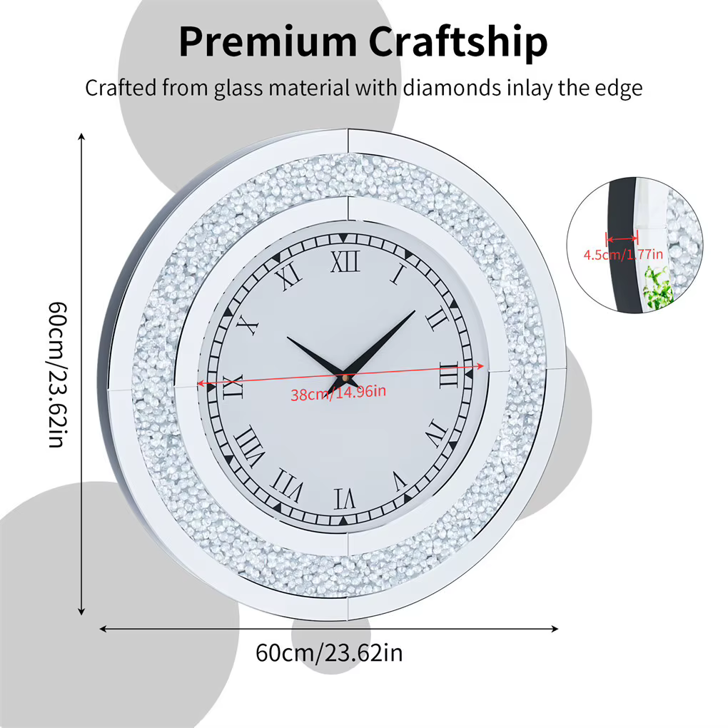 60 cm peegelraamiga seinakell Rooma numbrite ja sädelevate kivikestega, sügavus 4,5 cm