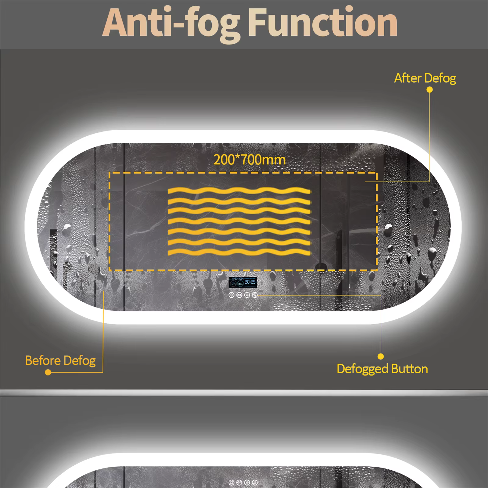 Ovaalne LED-valgustusega peegel, mille uduvastane funktsioon puhastab 200 × 700 mm ala; puutenupp ja ekraan.