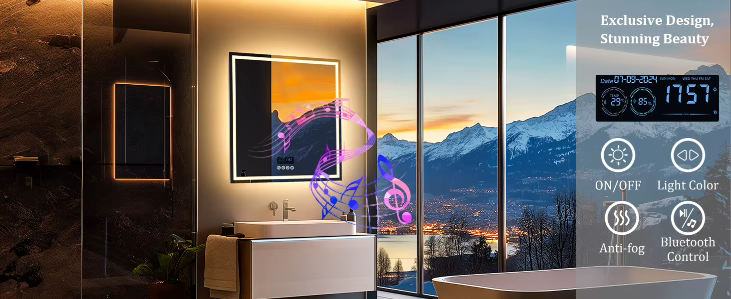 LED-valgustusega vannitoapeegel digitaalse ekraani, uduvastase funktsiooni ja Bluetooth-juhtimisega