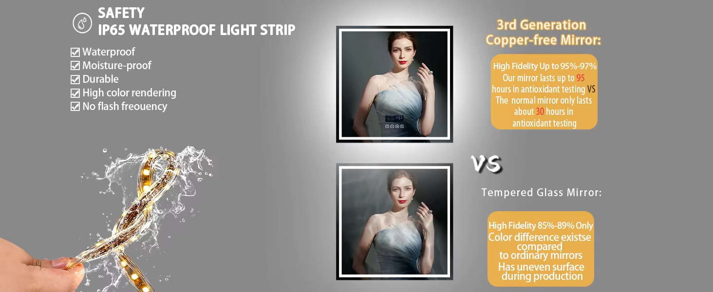 IP65 veekindla LED-valgusriba ja vaskvaba peegli võrdlus tavalise karastatud klaasist peegliga
