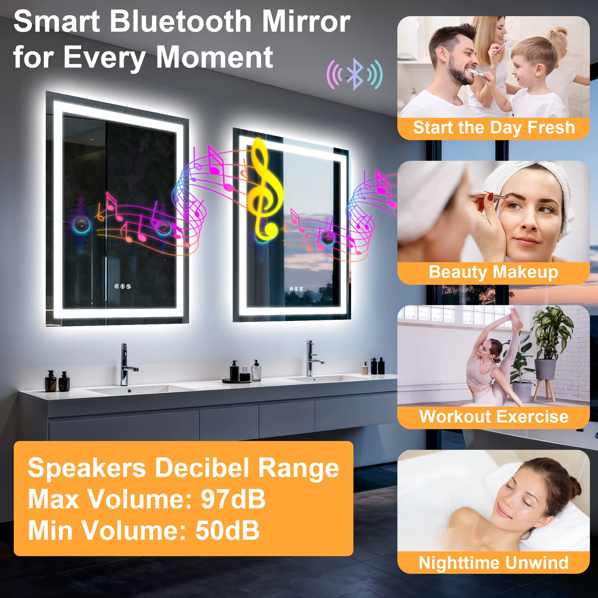 Hämardatava LED-valgustusega vannitoapeegel bluetoothiga