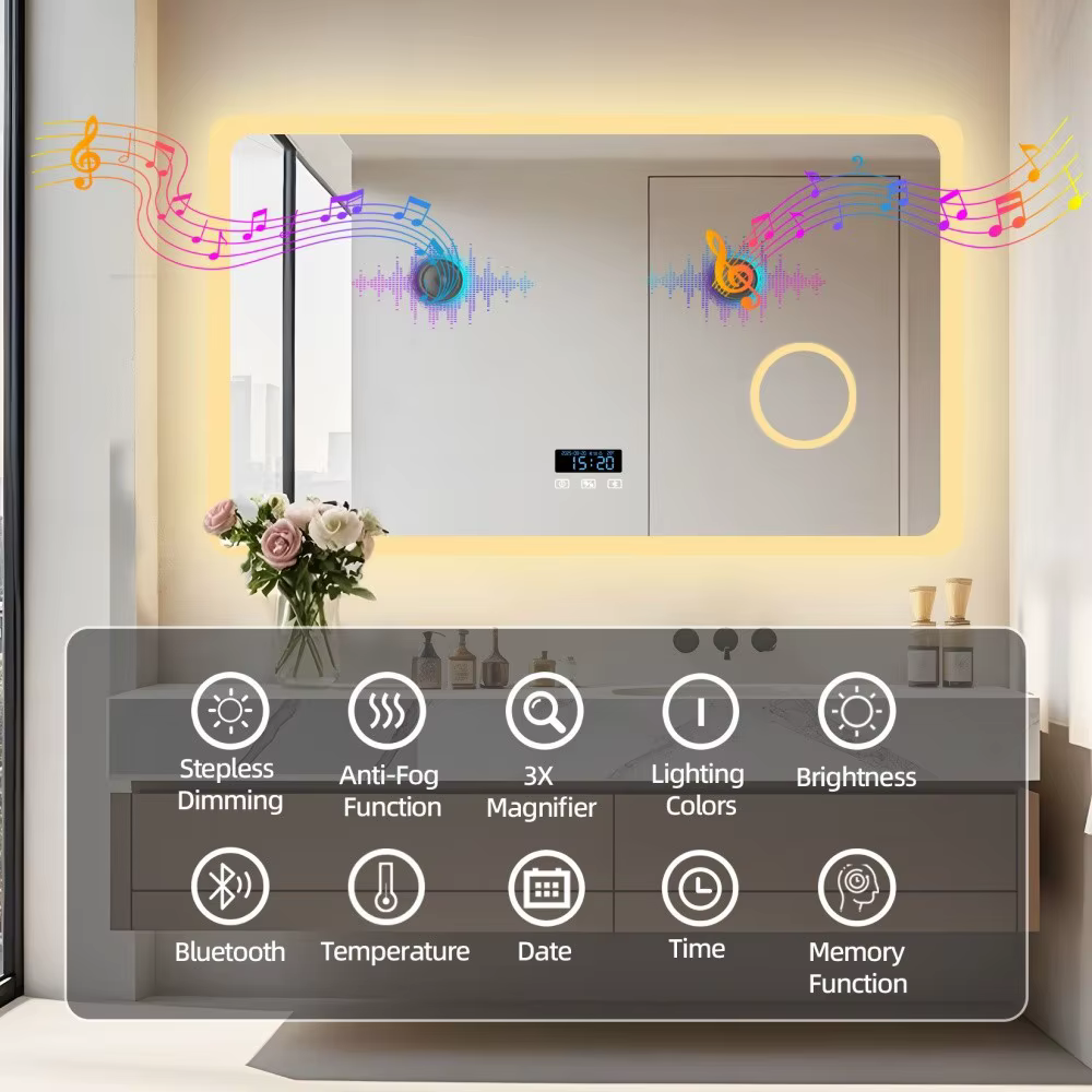 LED-valgustusega vannitoapeegel digikella, Bluetoothi, uduvastase funktsiooni ja 3-kordse suurendusega peegliga