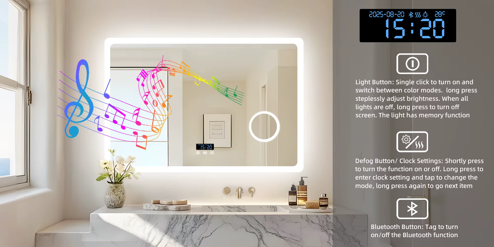 LED-vannitoapeegel bluetooth-kõlari ja uduvastase soojendusega
