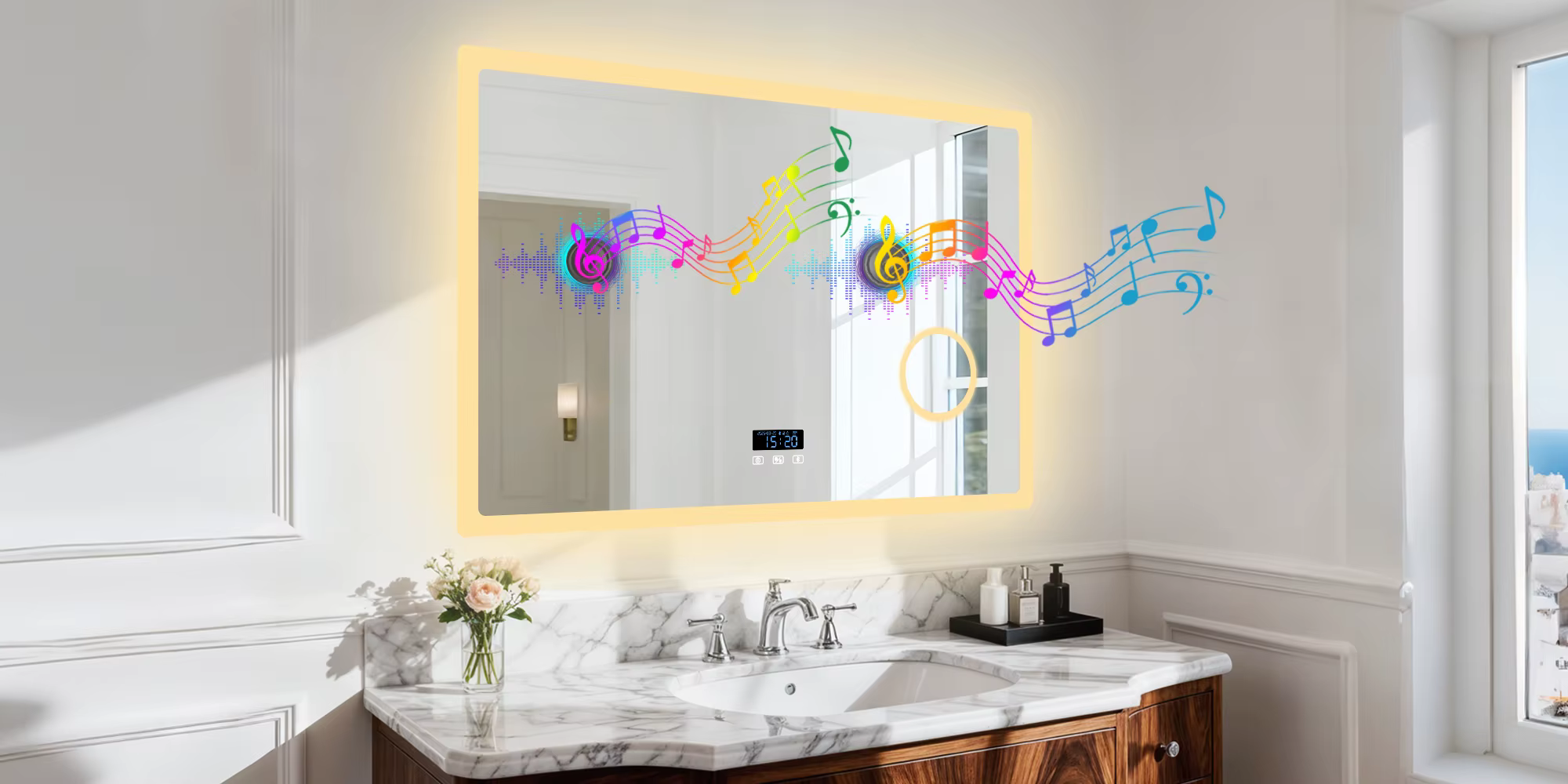 LED-vannitoapeegel bluetooth-kõlari ja uduvastase soojendusega