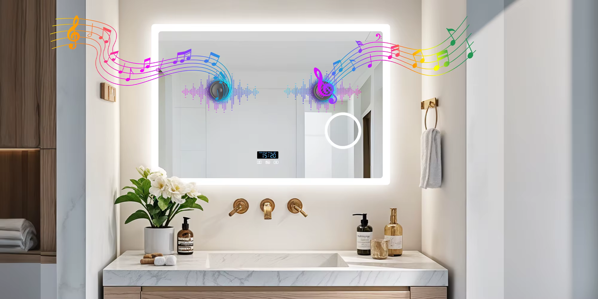 LED-vannitoapeegel bluetooth-kõlari ja uduvastase soojendusega
