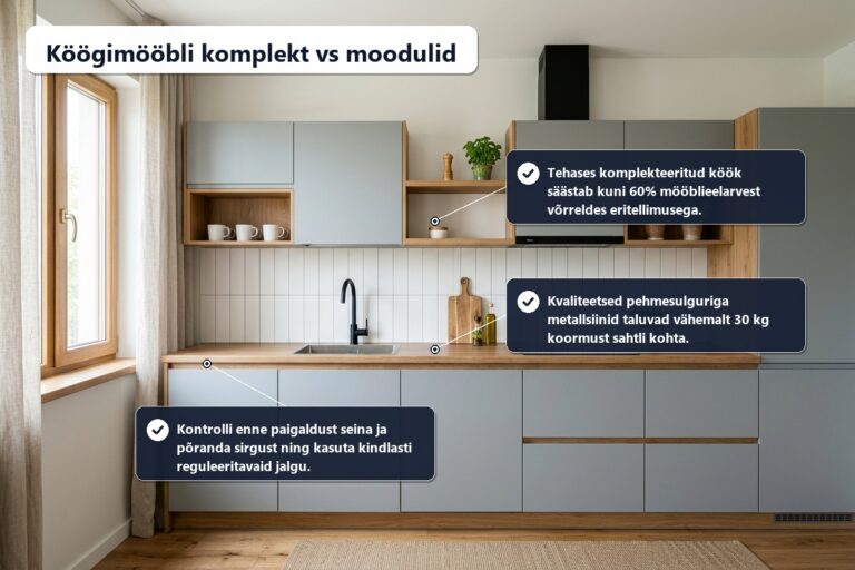 köögimööbli komplekt – valmiskomplekt või moodulid, hindade ja paigalduse võrdlus
