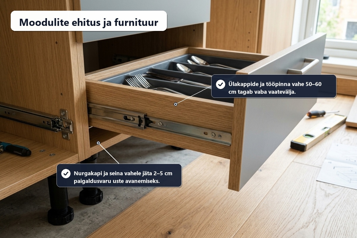 köögimööbli moodulid – reguleeritavad jalad, servakandid ja sahtlisiinid