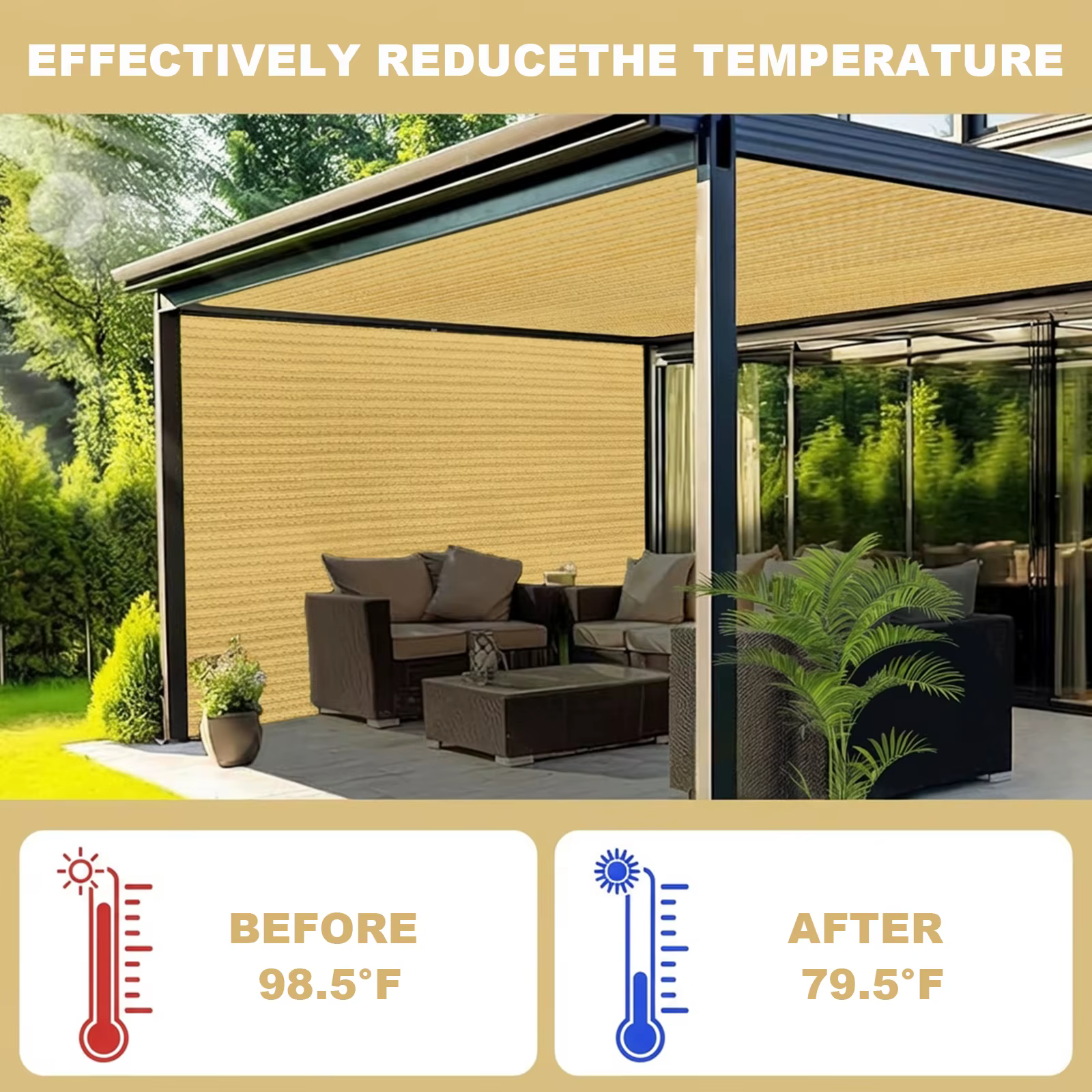Beežide külgvarjudega terrass pergola all; pildil temperatuurivõrdlus 98,5 °F enne ja 79,5 °F pärast