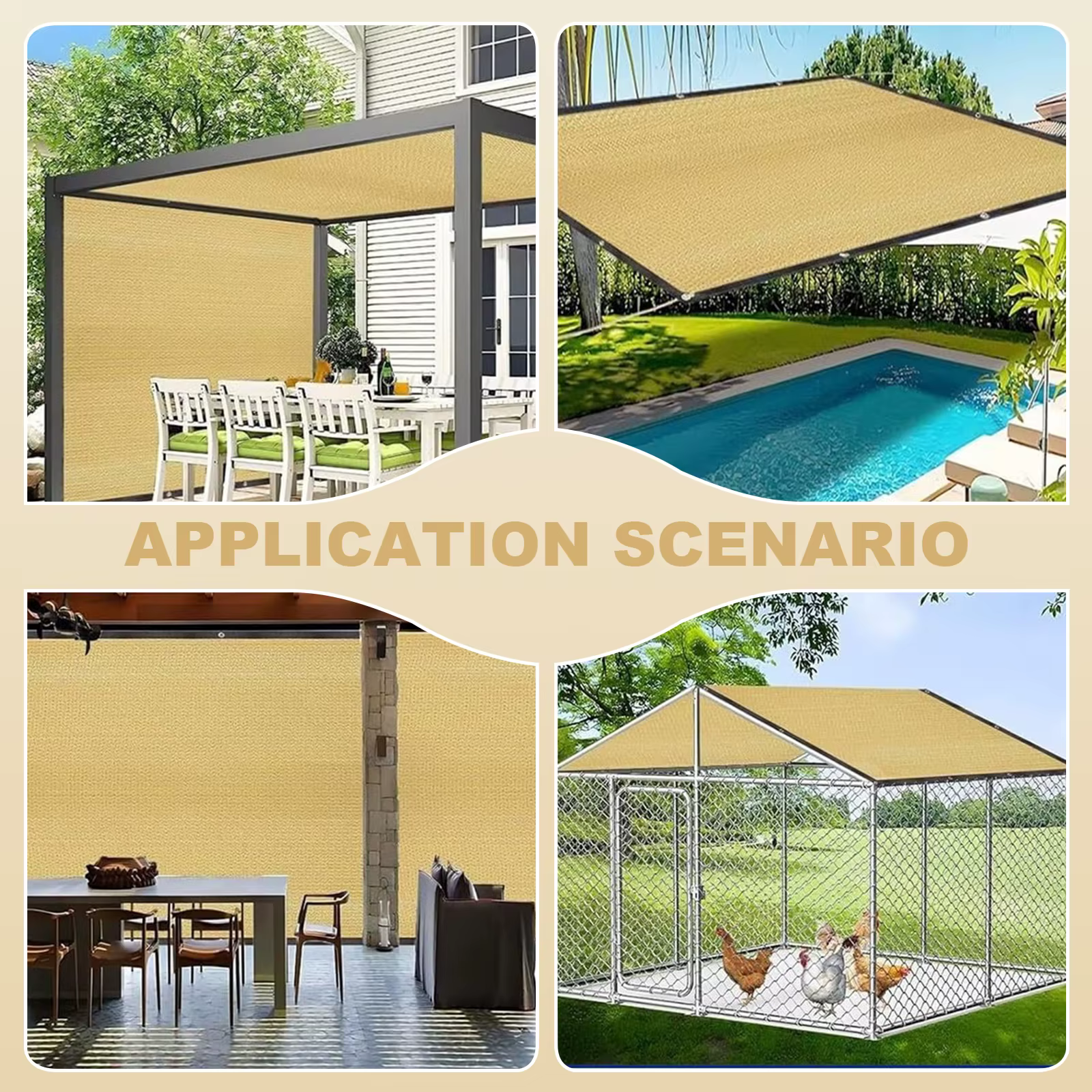 Beež päikesekate pergola, terrassi, basseini ja varjualuse kasutusnäited