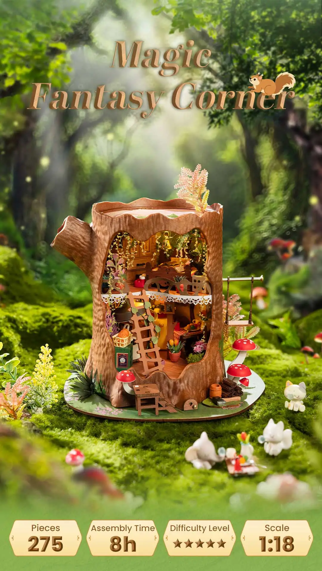 Magic Fantasy Corner miniatuurne puutüvemaja komplekt kiige, seente ja pisimööbliga, 275 osa, mõõtkava 1:18