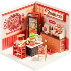 Miniatuurne Panda Hotpoti restoran mängukomplekt laudade, toidu, kastmete ja külmikuga
