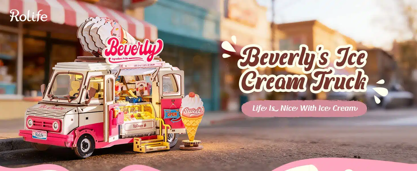Rolife Beverly’s Ice Cream Trucki roosa ja valge jäätiseauto miniatuur
