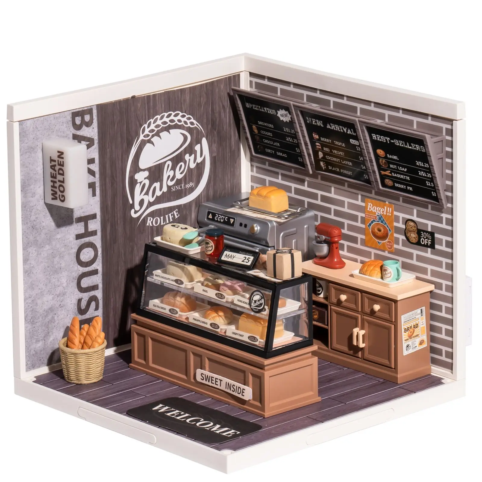 Miniatuurne pagaritöökoda vitriini, saiakeste, leiva ja kohvimasinaga