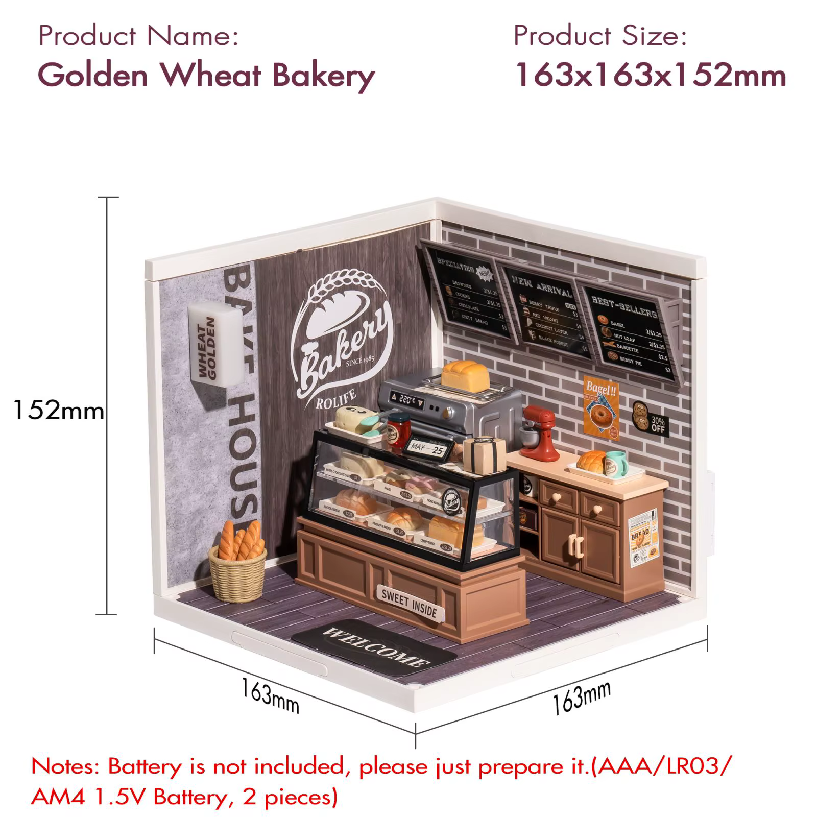 Golden Wheat Bakery miniatuurne pagaripood vitriini, saiakeste ja köögisisustusega, mõõtmed 163 × 163 × 152 mm.