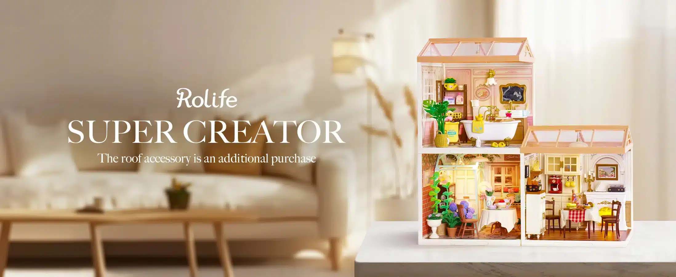 Rolife Super Creator miniatuurne nukumaja kahe sisustatud mooduliga, katuseaksessuaar müügil eraldi