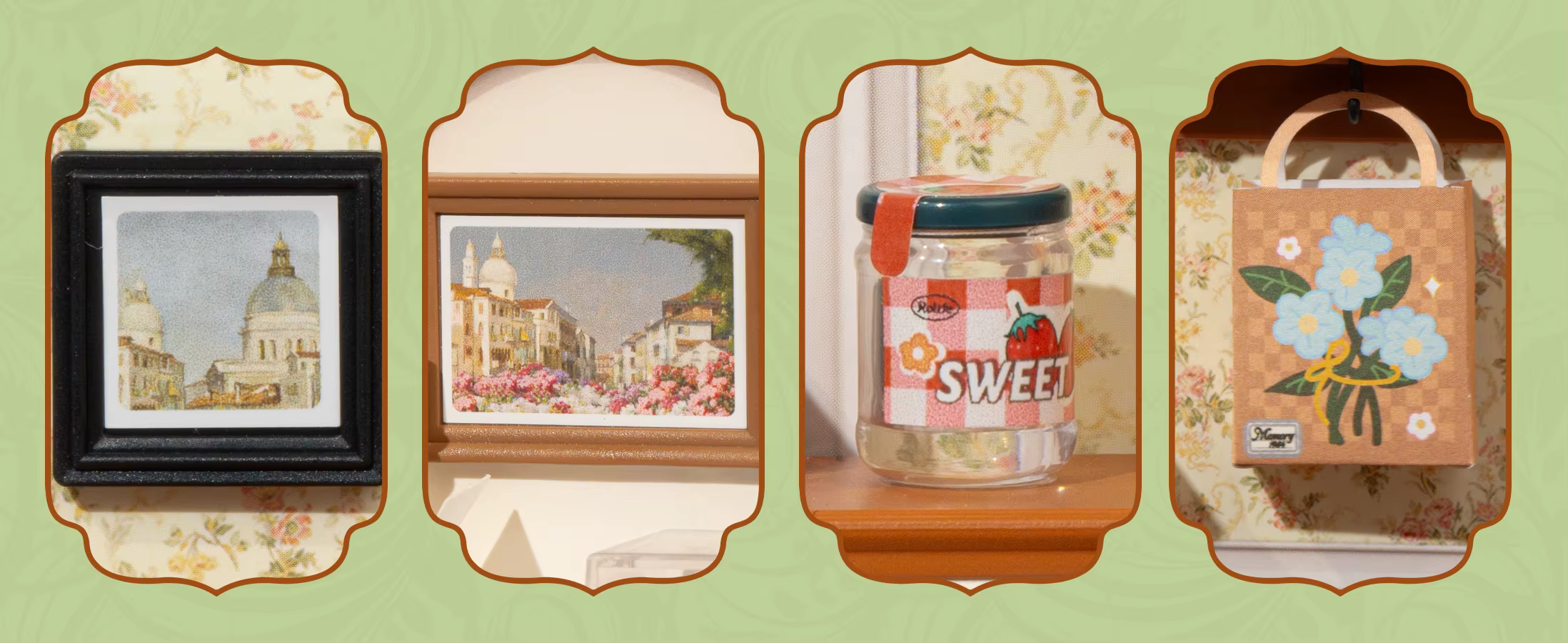 Vintage stiilis kollaaž: kaks arhitektuuripildiga raami, SWEET-sildiga purk ja lillemustriga sangadega kott