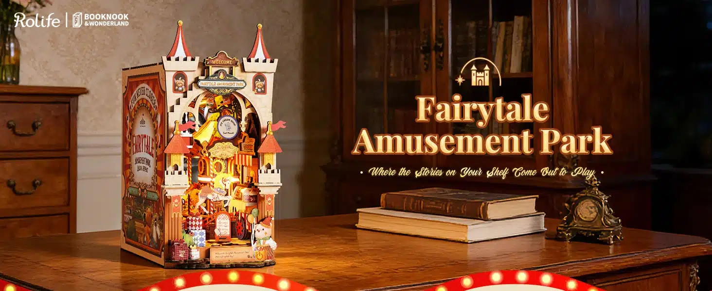 Rolife Book Nook Wonderlandi muinasjutulise lõbustuspargi raamaturiiuli dioraam puidust laual
