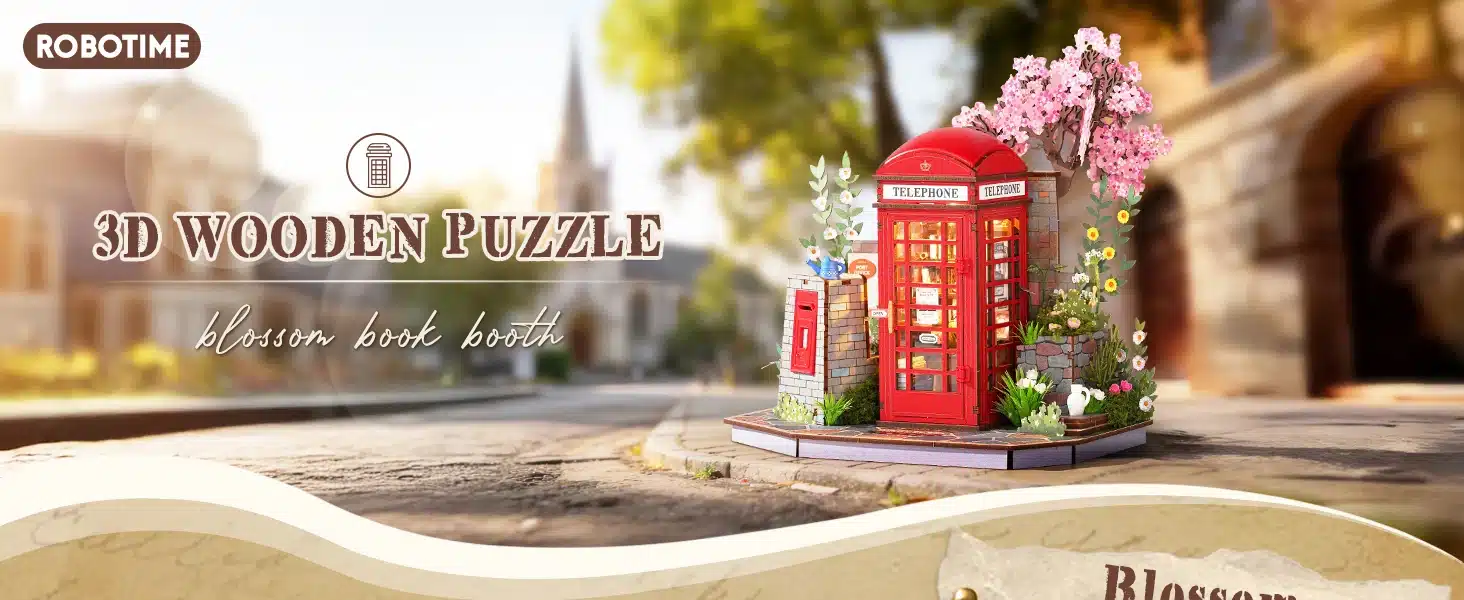 Robotime Blossom Book Booth 3D-puidupusle punase telefoniputka, roosade puuõite ja lilledega