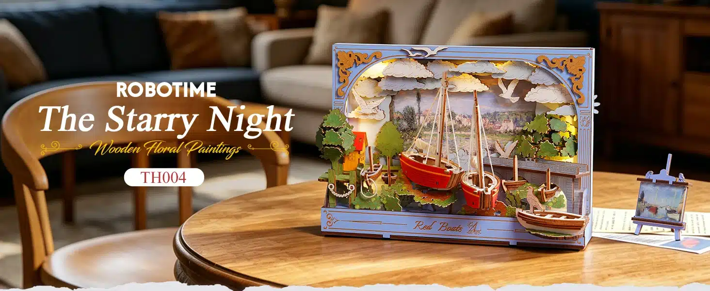 ROBOTIME The Starry Night puidust 3D mudelikomplekt Red Boat, valmis purjekatega merevaade