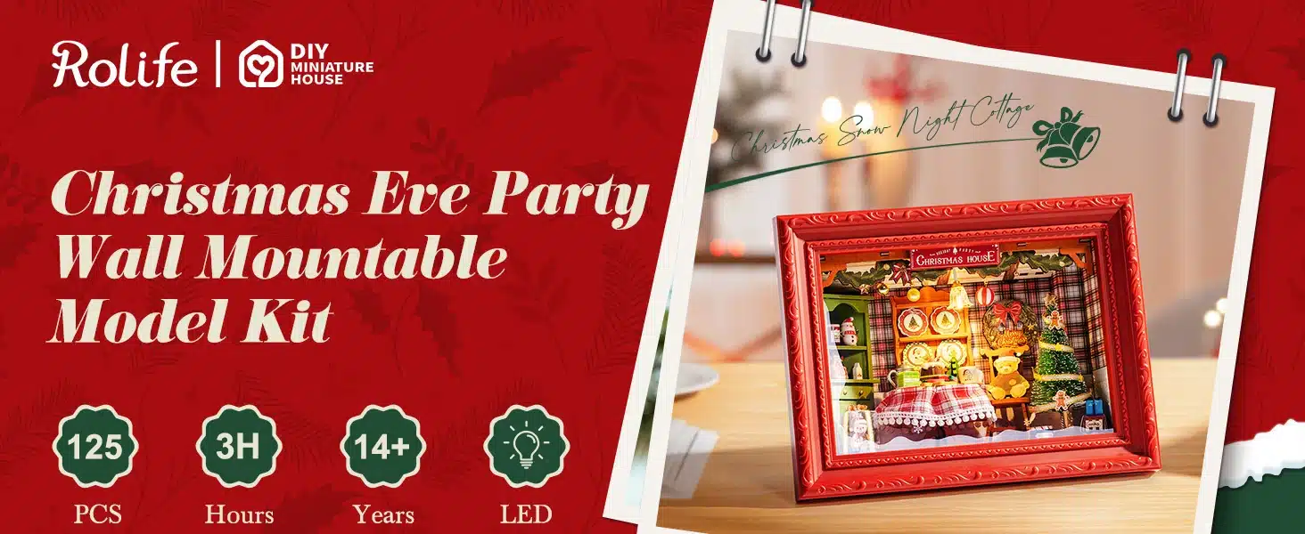 Rolife Christmas Eve Party seinale kinnitatav miniatuurmaja komplekt punases raamis, jõulustseeni ja LED-valgustusega