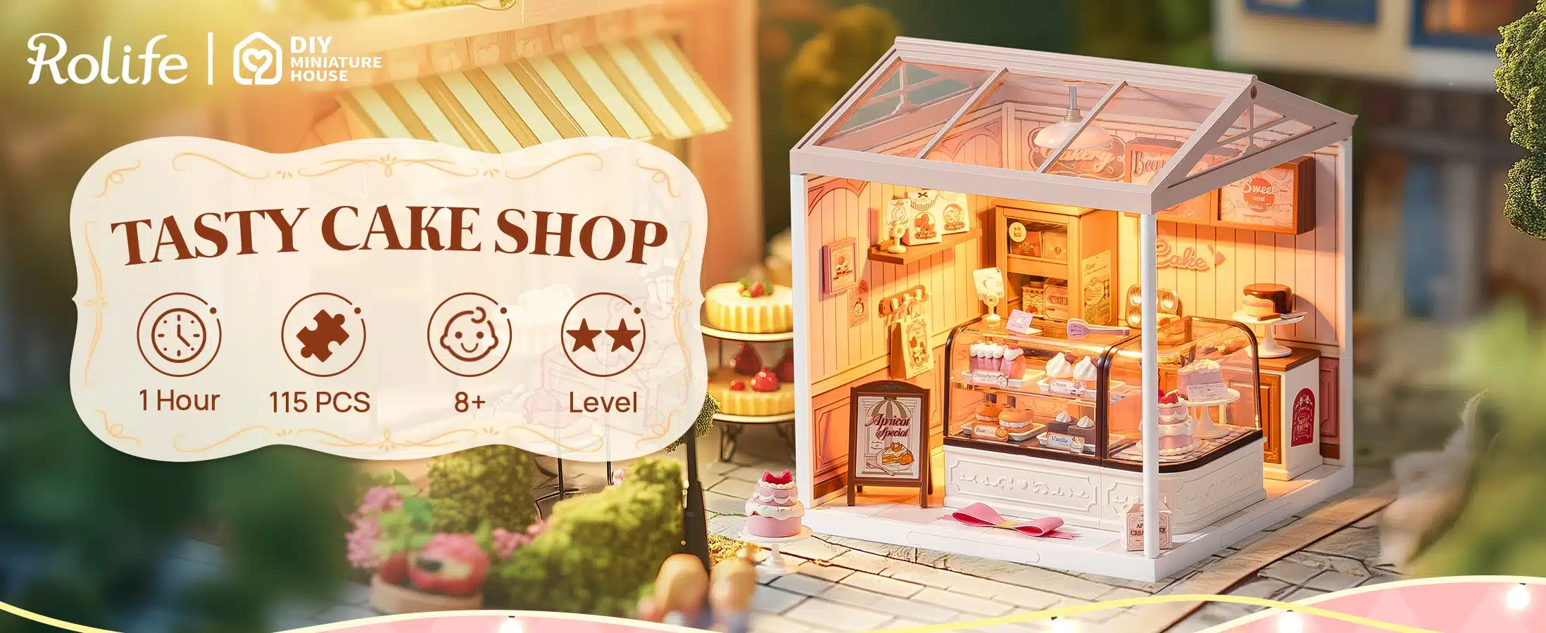 Rolife Tasty Cake Shop DIY miniatuurne koogipood klaaskatuse, valgustatud vitriini ja pisikeste kookidega.