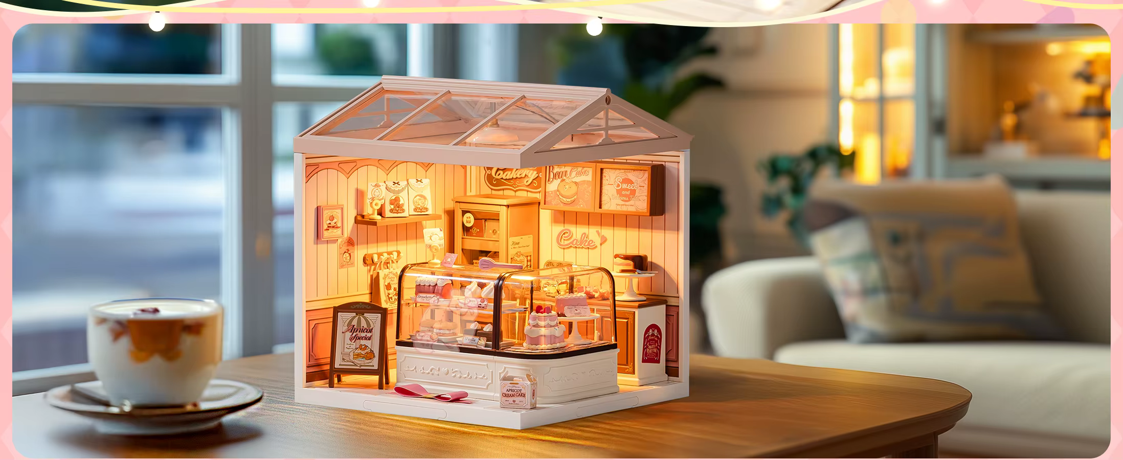 Valgustatud miniatuurne pagarikoda klaasvitriini ja küpsetistega