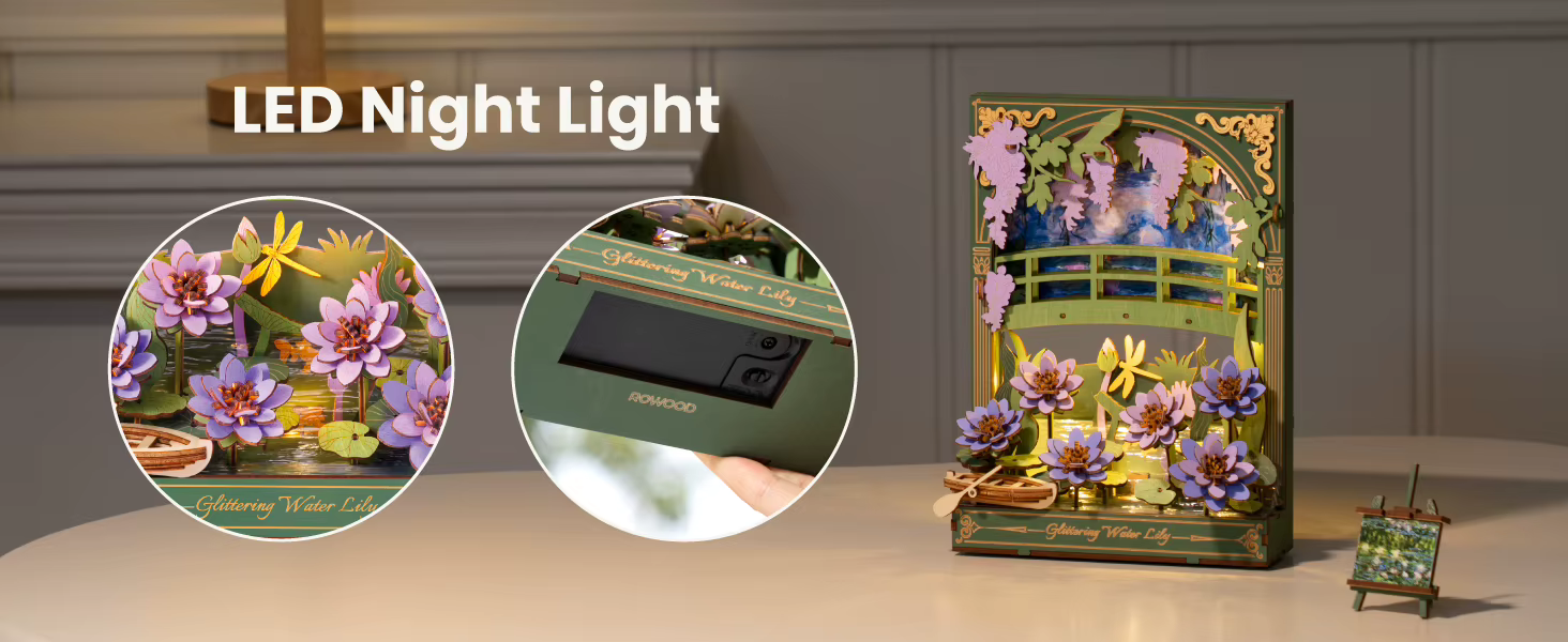 Puidust 3d pusle vesiroosidega ja LED-valgustusega