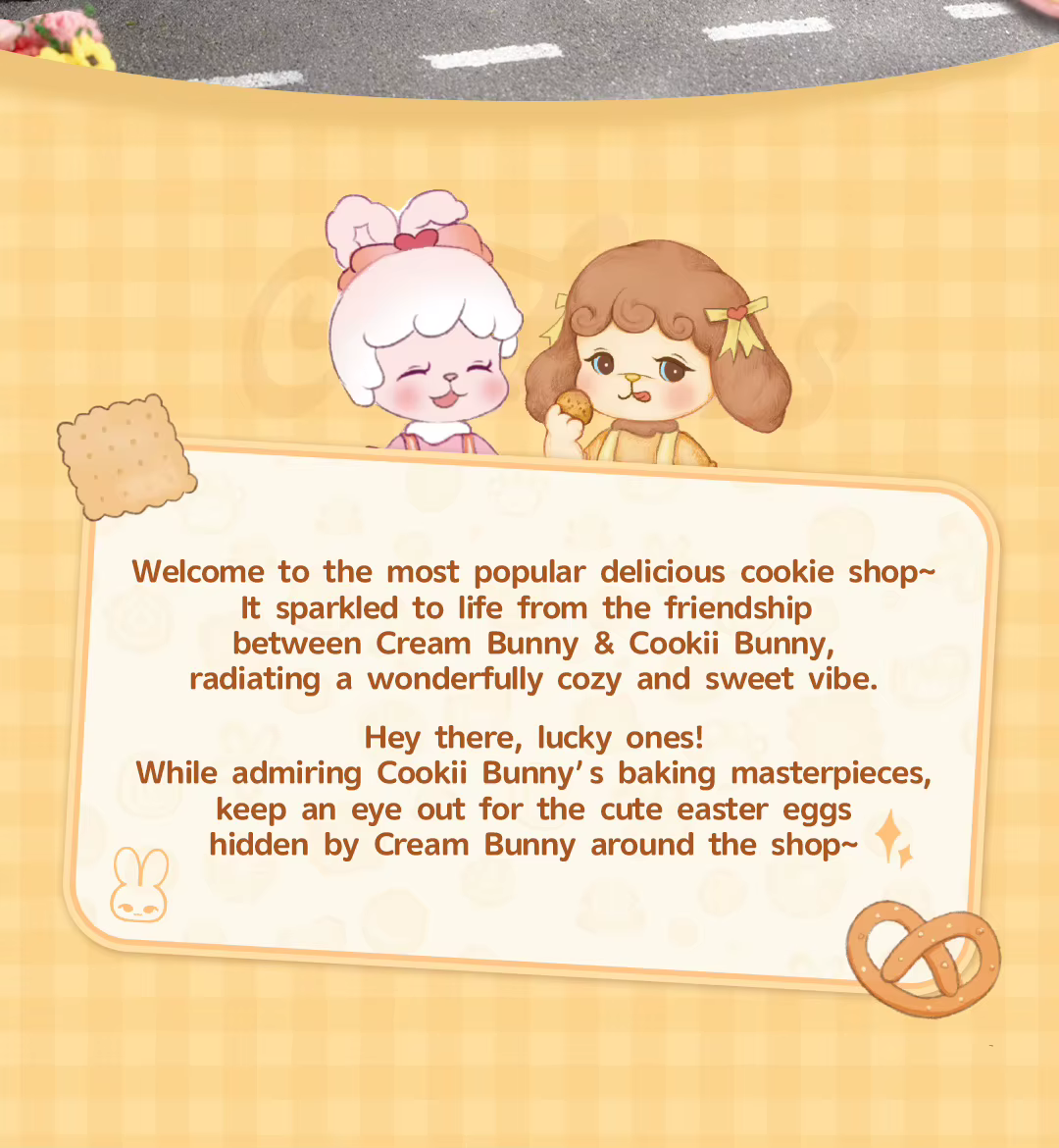 Kollasel taustal Cream Bunny ja Cookii Bunny küpsisekaupluse tervitussildiga.