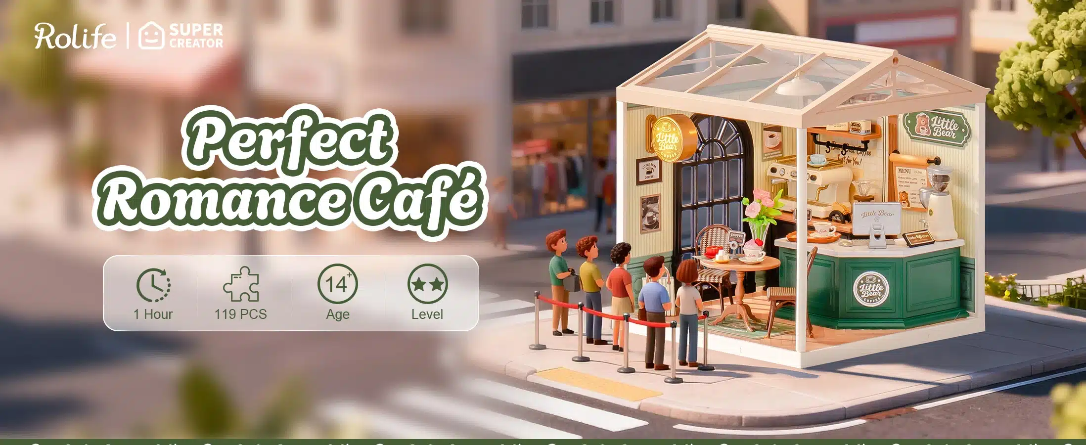 Rolife Super Creator „Perfect Romance Café” miniatuurne kohvik rohelise leti, klaaskatuse ja pisidetailidega.