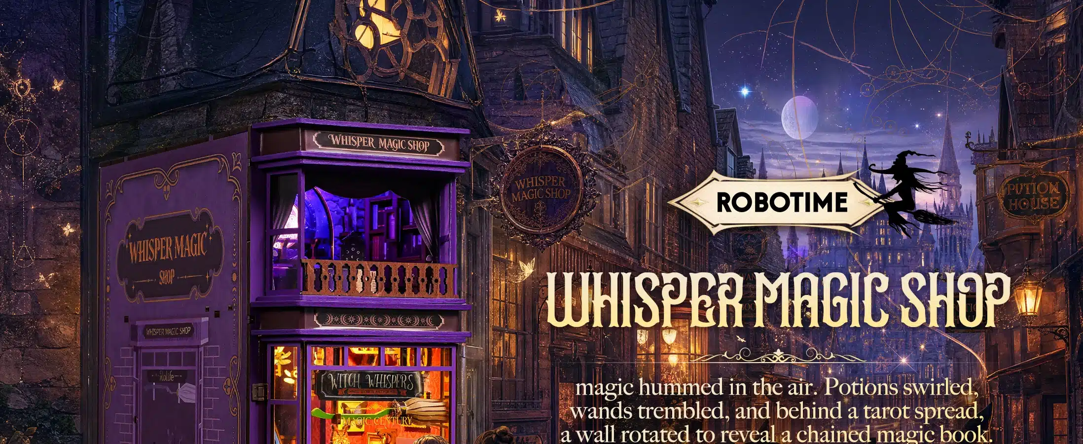 Robotime Whisper Magic Shop – lilla fassaadi ja valgustatud vaateakendega võlupood müstilise tänava taustal