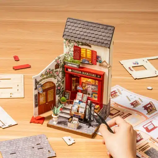 Puidust miniatuurse raamatupoe ehituskomplekt, 290 osa | E-pood Tootemaailm Puidust miniatuurse raamatupoe ehituskomplekt, 290 osa