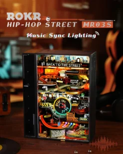 ROKR Hip-Hop Street MR03S miniatuur värvilise valgustuse, tänavakunsti ja mitmetasandiliste radadega mustas korpuses