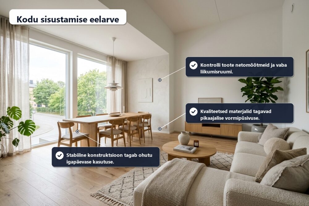 Kodu sisustamise eelarve ja plaan: kuhu investeerida | E-pood Tootemaailm kodu sisustamine – elutoa ja sööginurga läbimõeldud mööblikomplekt
