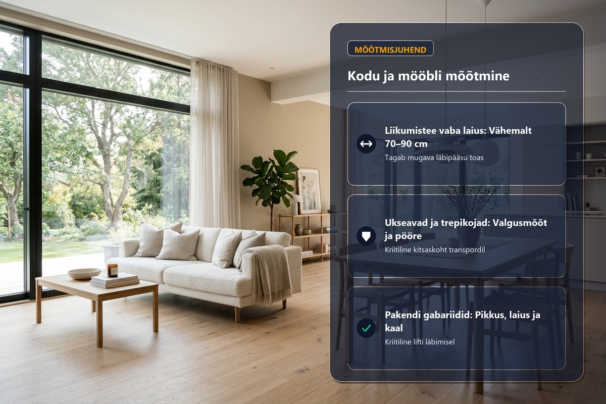 Mööbli mõõtmise juhend: kuidas mõõta kodu enne ostu | E-pood Tootemaailm Kodu ja mööbli mõõtmise juhend: liikumisteede, ukseavade ja pakendite kontroll enne ostu