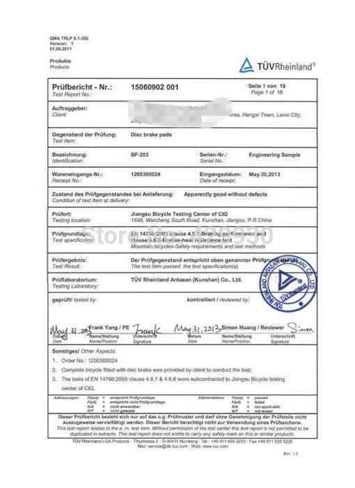 tüv rheinland sertifikaat jalgratta piduriklotsidele