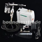 mini airbrush komplekt koos kompressori ja tarvikutega mustal taustal