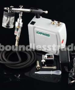mini airbrush komplekt koos kompressori ja tarvikutega mustal taustal